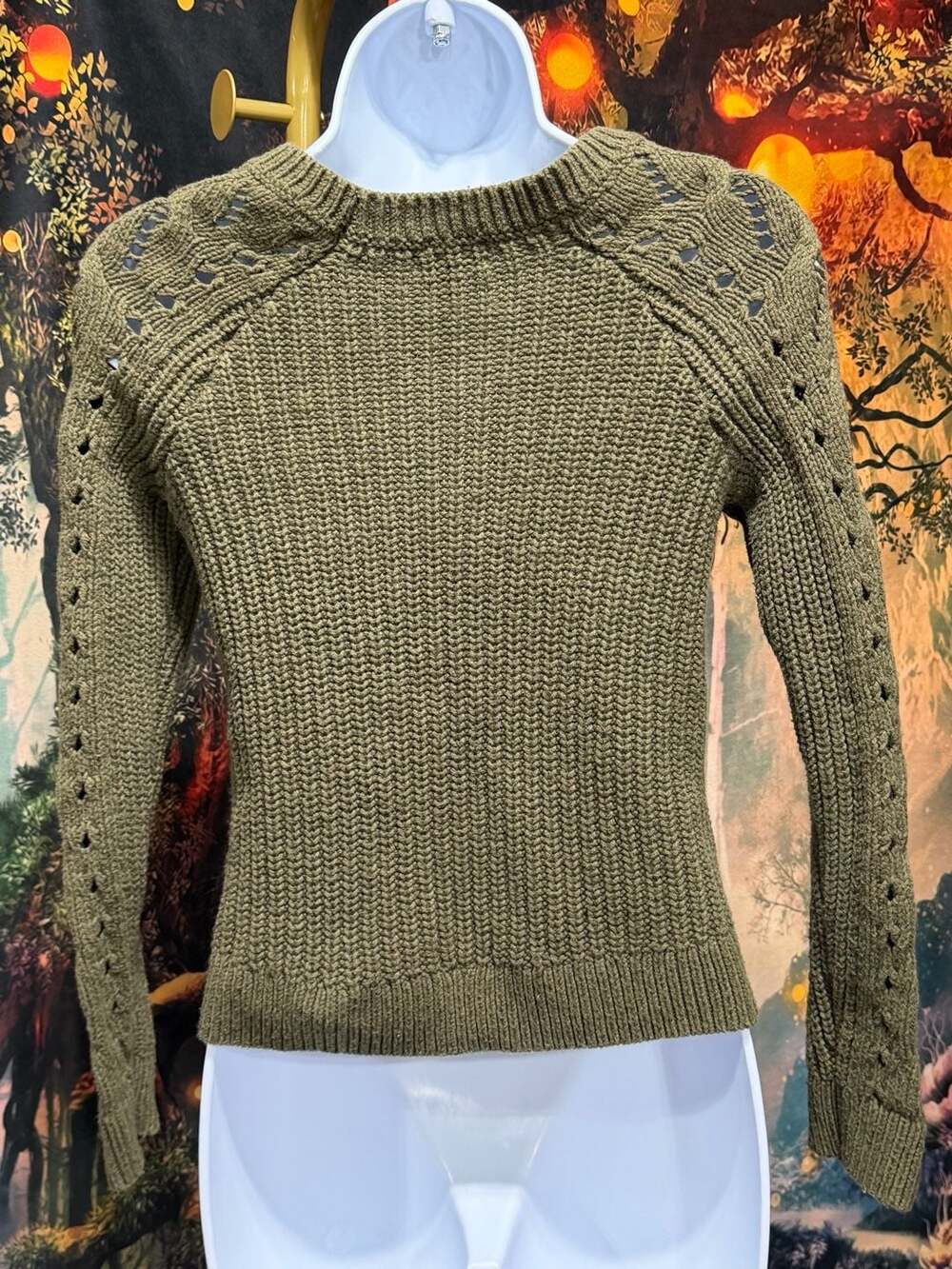 Lucky Brand Cable Knit Sweater Olive Green XS 18ptp - Picture 6 of 7